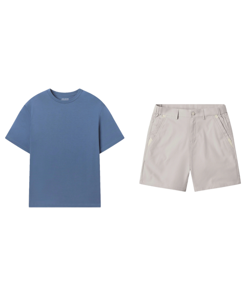 Slate blue tee paired with stone tech shorts, shown flat.