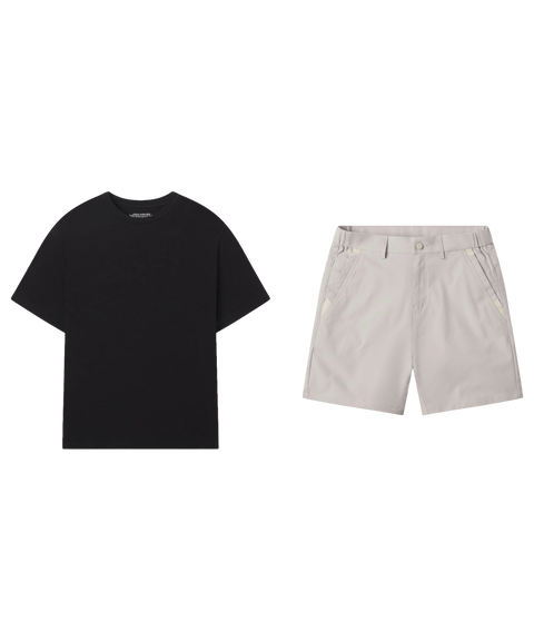 Black tee paired with stone tech shorts, shown flat.