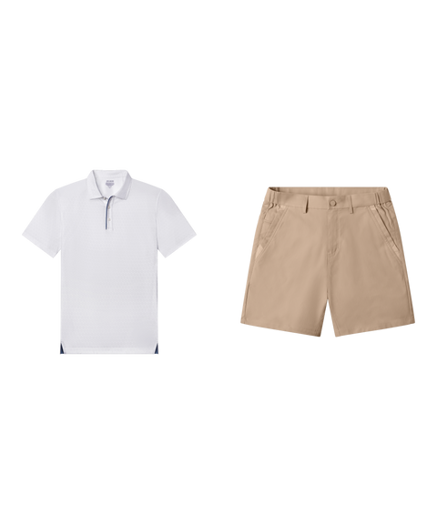 Outfit flat lay: white Clubhouse Performance Polo with Jetsetter Tech Short 7 inch in Sand Tan