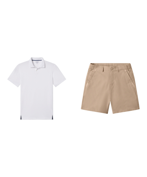 Outfit flat lay: white Clubhouse Performance Polo with Jetsetter Tech Short 7 inch in Sand Tan