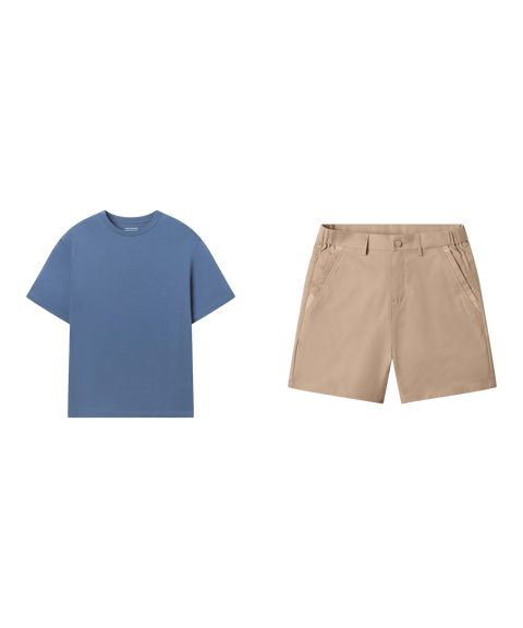 Outfit flat lay: Jetsetter Tee in Bering Sea with Jetsetter Tech Short 7 inch in Sand Tan
