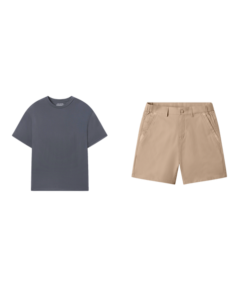 Outfit flat lay: Jetsetter Tee in Charcoal Gray with Jetsetter Tech Short 7 inch in Sand Tan