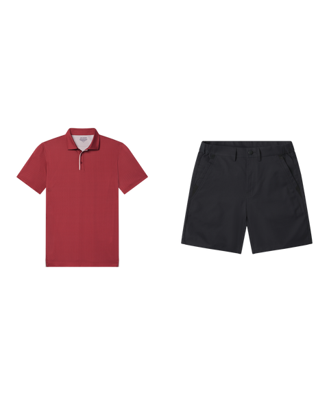 Golf outfit flat lay: Clubhouse Performance Polo in Red Brickline with Jetsetter Tech Short 7 inch in Space Black