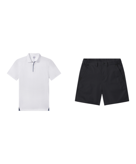 Outfit flat lay: white Clubhouse Performance Polo with Jetsetter Tech Short 7 inch in Space Black