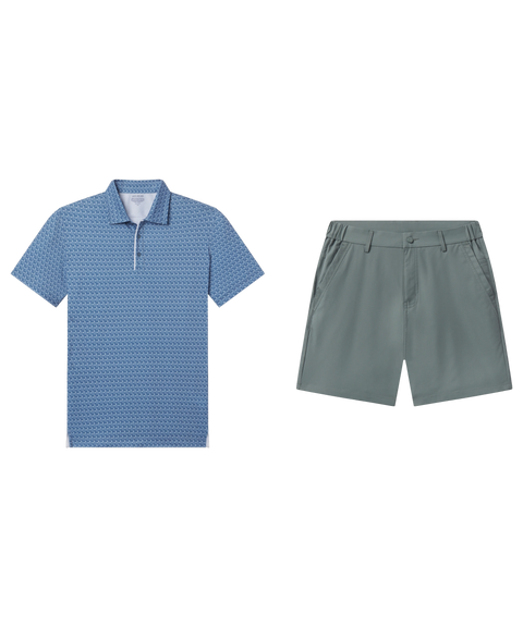 Blue geometric-print polo paired with muted sage green shorts, shown flat.