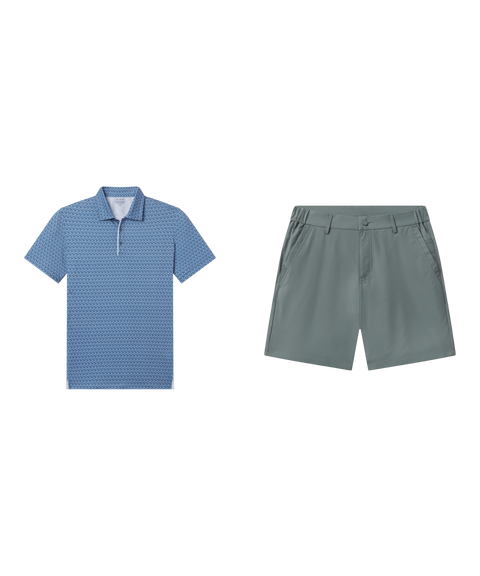 Golf outfit flat lay: Clubhouse Performance Polo in Bering Sea Gridline with Jetsetter Tech Short 7 inch in Storm Green