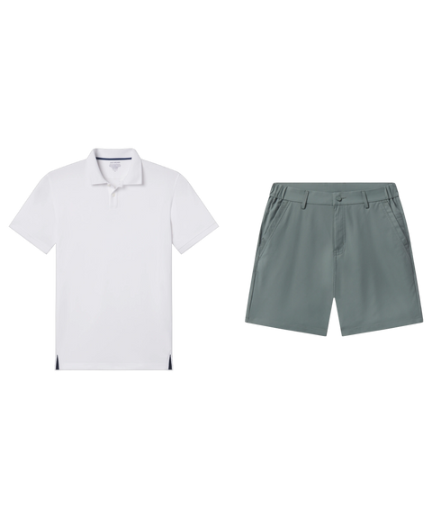 White pique polo paired with slate green flat-front shorts, shown flat.