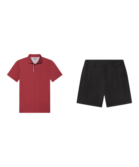 Golf outfit flat lay: Clubhouse Performance Polo in Red Brickline with Jetsetter Tech Short 7 inch in True Black