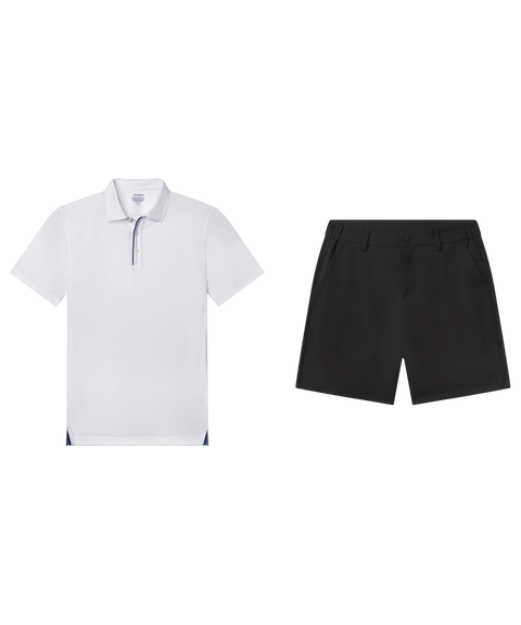 Textured white performance polo paired with black flat-front shorts, shown flat.