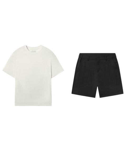 Ecru crewneck tee paired with black flat-front shorts, shown flat.