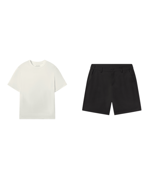 Travel outfit flat lay: Jetsetter Tee in Ecru with Jetsetter Tech Short 7 inch in True Black