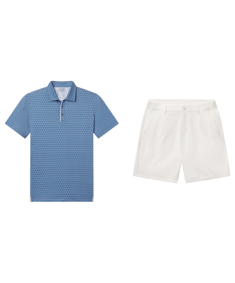 Blue geometric-print polo paired with white shorts, shown flat.
