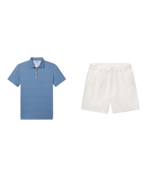 Golf outfit flat lay: Clubhouse Performance Polo in Bering Sea Gridline with Jetsetter Tech Short 7 inch in True White