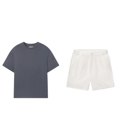 Charcoal crewneck tee paired with white tech shorts.