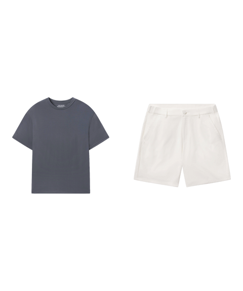 Travel outfit flat lay: Jetsetter Tee in Charcoal Gray with Jetsetter Tech Short 7 inch in True White