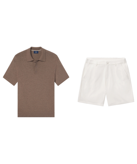 Mocha heather knit polo laid flat beside white shorts.
