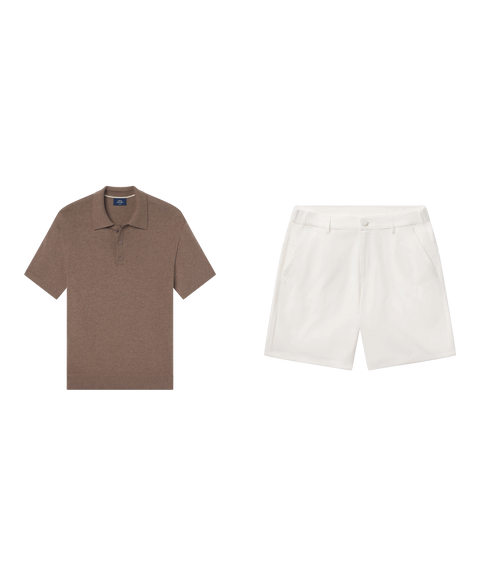 Weekend resort outfit flat lay: Legacy Resort Sweater Polo in Mocha Heather with Jetsetter Tech Short 7 inch in True White