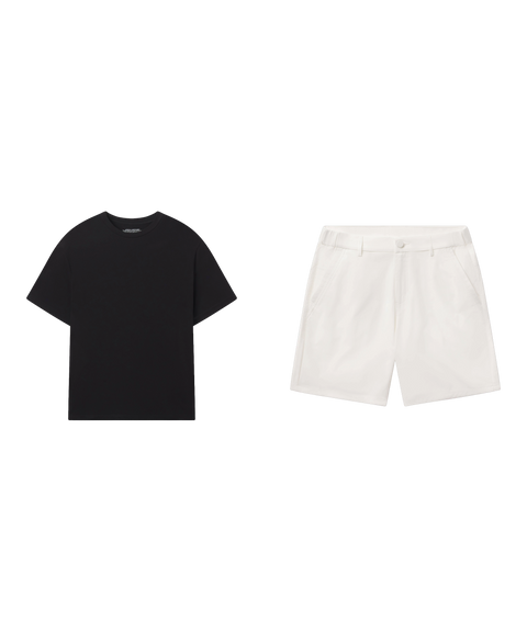 Weekend outfit flat lay: black Anytime Tee with Jetsetter Tech Short 7 inch in True White