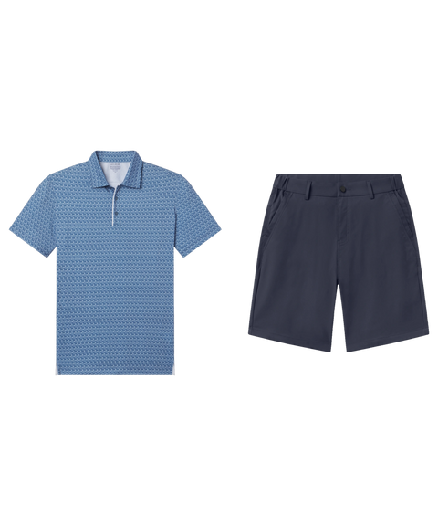 Blue geometric-print polo paired with navy tech shorts, shown flat.