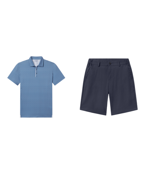 Golf outfit flat lay: Clubhouse Performance Polo in Bering Sea Gridline with Jetsetter Tech Short 9 inch in Deep Blue