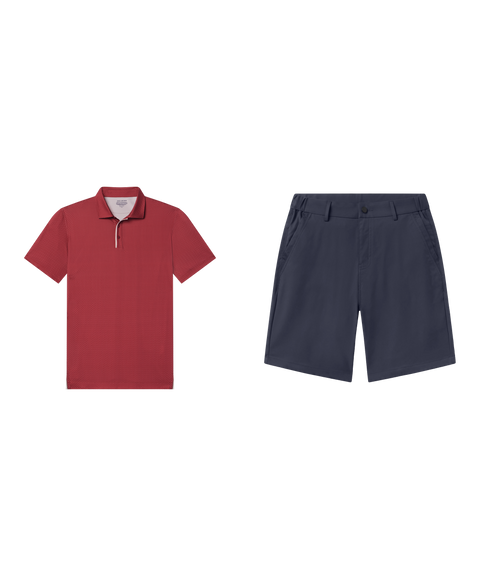 Golf outfit flat lay: Clubhouse Performance Polo in Red Brickline with Jetsetter Tech Short 9 inch in Deep Blue