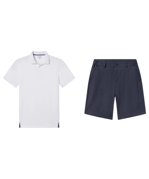 White polo paired with navy tech shorts, shown flat.