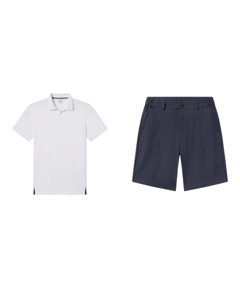 Outfit flat lay: white Clubhouse Performance Polo with Jetsetter Tech Short 9 inch in Deep Blue