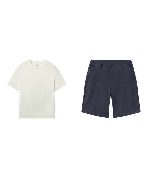 Outfit flat lay: Jetsetter Tee in Ecru with Jetsetter Tech Short 9 inch in Deep Blue