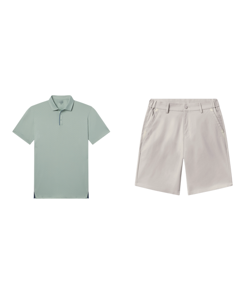 Outfit flat lay: Clubhouse Performance Polo in Storm Green Sweetspot with Jetsetter Tech Short 9 inch in Sand Stone