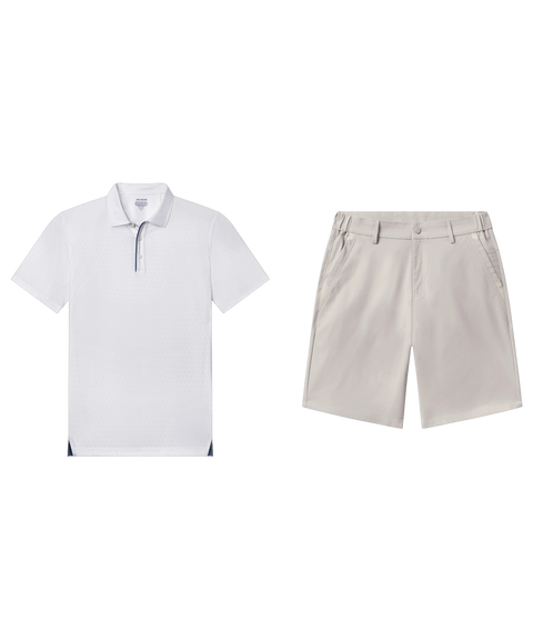 White textured performance polo paired with stone flat-front shorts, shown flat.
