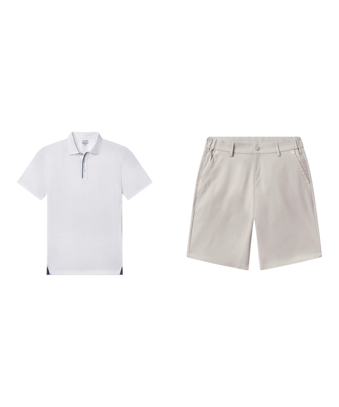 Outfit flat lay: white Clubhouse Performance Polo with Jetsetter Tech Short 9 inch in Sand Stone