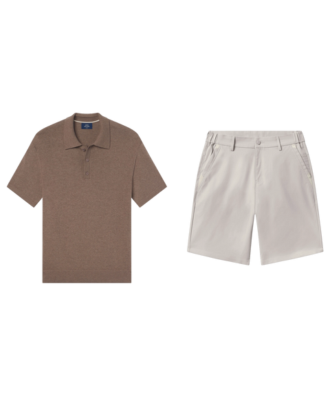 Mocha heather knit polo paired with pale stone shorts, shown flat.
