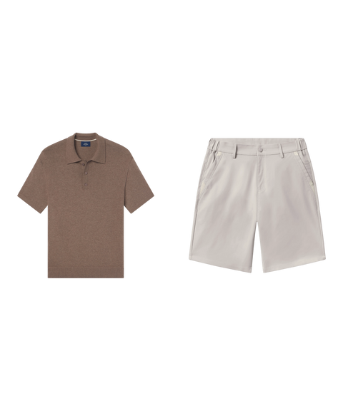 Travel resort outfit flat lay: Legacy Resort Sweater Polo in Mocha Heather with Jetsetter Tech Short 9 inch in Sand Stone