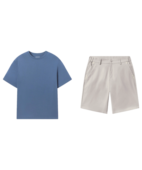 Dusty blue tee paired with stone flat-front shorts, shown flat.