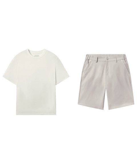 Off-white crewneck tee paired with stone grey tech shorts.