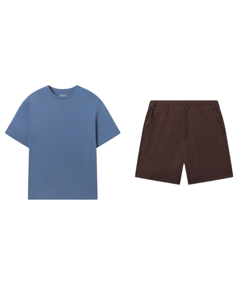 Dusty blue tee paired with brown flat-front shorts, shown flat.