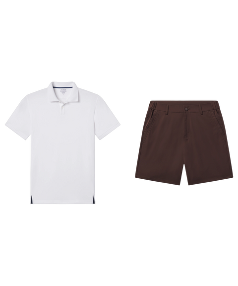 White pique polo paired with dark brown flat-front shorts, shown flat.