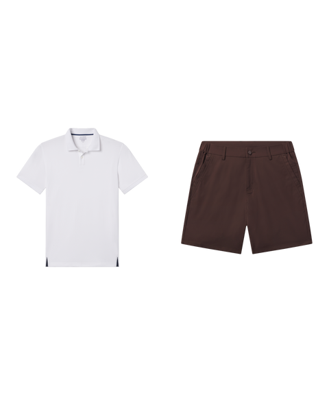 Outfit flat lay: white Legacy Resort Sweater Polo with Jetsetter Tech Short in Bourbon Brown
