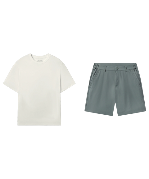 Off-white tee paired with slate green flat-front shorts, shown flat.