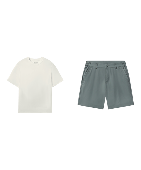 Outfit flat lay: Jetsetter Tee in Ecru with Jetsetter Tech Short in Storm Green