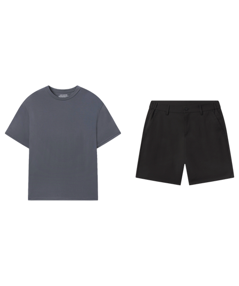 Charcoal crewneck tee paired with black tech shorts.