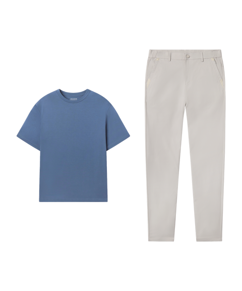 Outfit flat lay: Jetsetter Tee in Bering Sea with light sand Jetsetter Tech Pants for travel