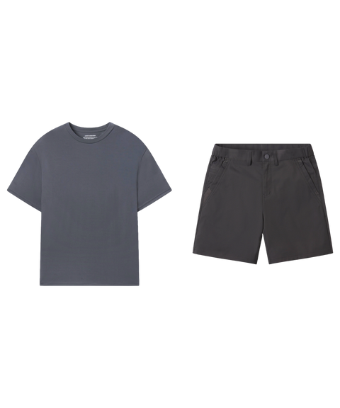 Charcoal crewneck tee paired with dark charcoal tech shorts.