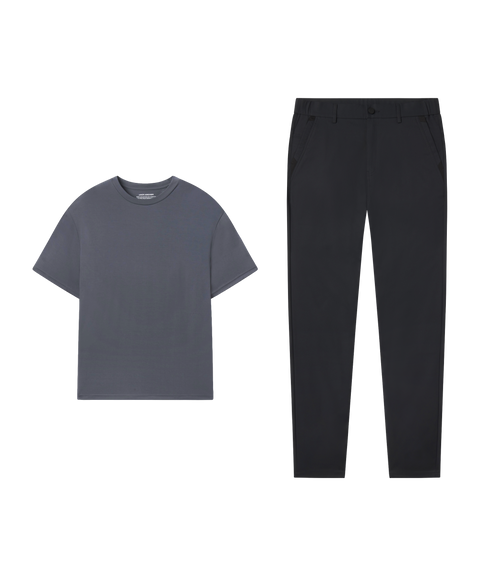 Outfit flat lay: Jetsetter Tee in Charcoal Gray with black Jetsetter Tech Pants for travel