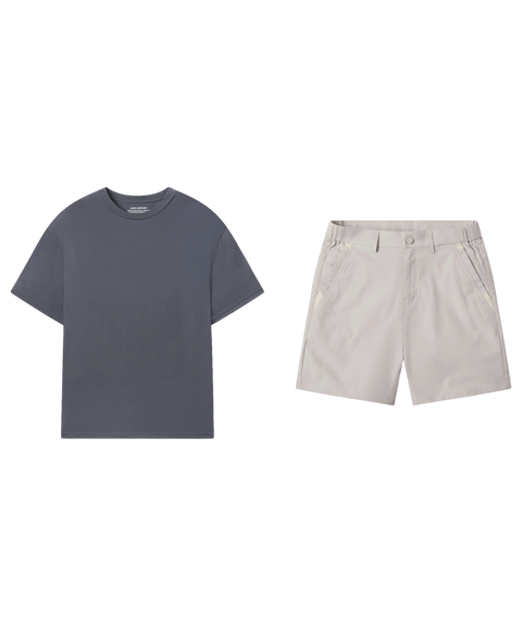 Charcoal grey tee paired with stone flat-front shorts, shown flat.