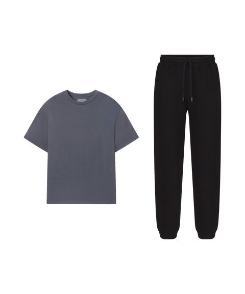 Outfit flat lay: Jetsetter Tee in Charcoal Gray with black Sandwash Joggers for lounging