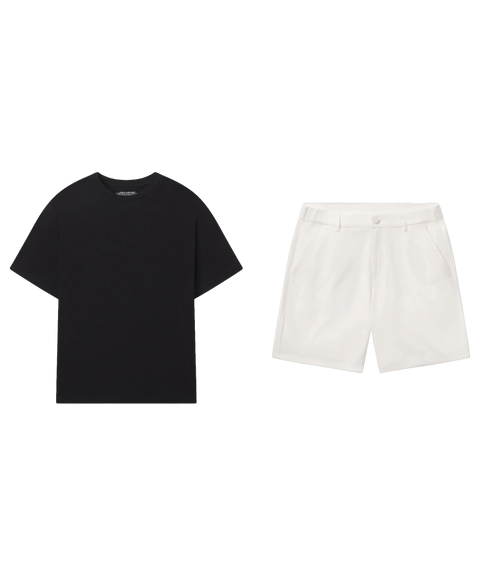 Black tee paired with white tech shorts, shown flat.