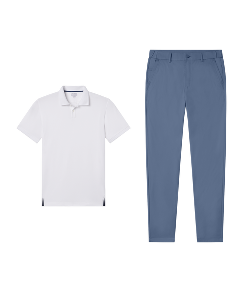 Outfit flat lay: white Clubhouse Pique Polo with Jetsetter Tech Pant, relaxed fit, in Bering Sea