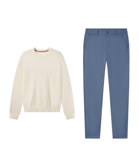 Outfit flat lay: cream Anytime Crewneck Sweater with Jetsetter Tech Pant, relaxed fit, in Bering Sea