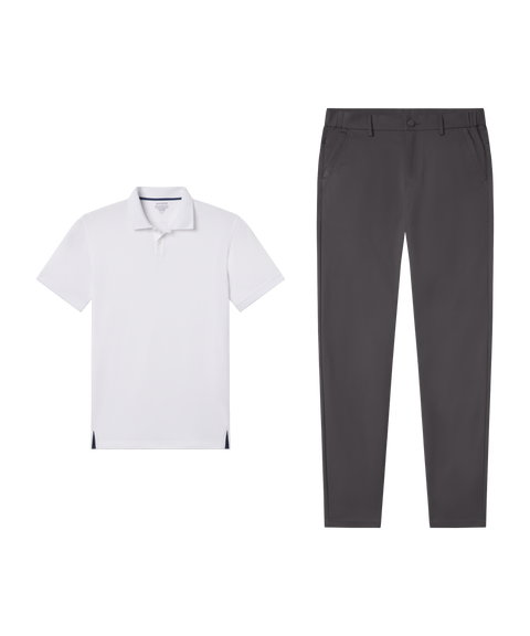 White polo with Jetsetter Tech Pant, relaxed fit, in Charcoal Gray, business casual outfit flat lay